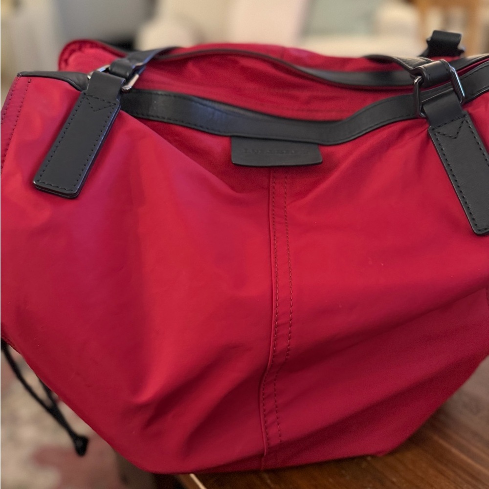 Burberry Red Women's Tote Bag with Black leather Trim